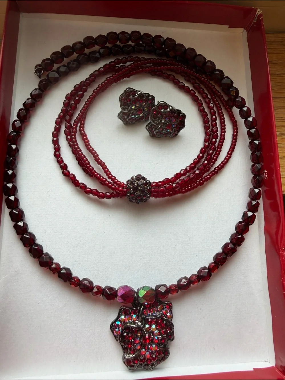 Red Crystal Bead Choker Necklace and Bracelet Set with Matching Earrings